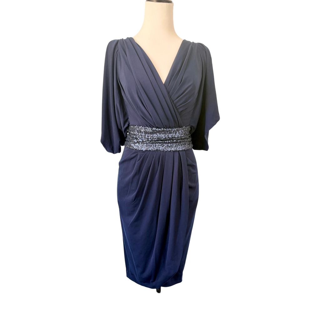 VTG Julian Joyce Mandalay Navy‎ Blue Sequin Waist Draped Cocktail Dress Sz 4